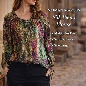 Neiman Marcus Silk Blend Boho Blouse L Multicolor Print Side Tie Lightweight Lux